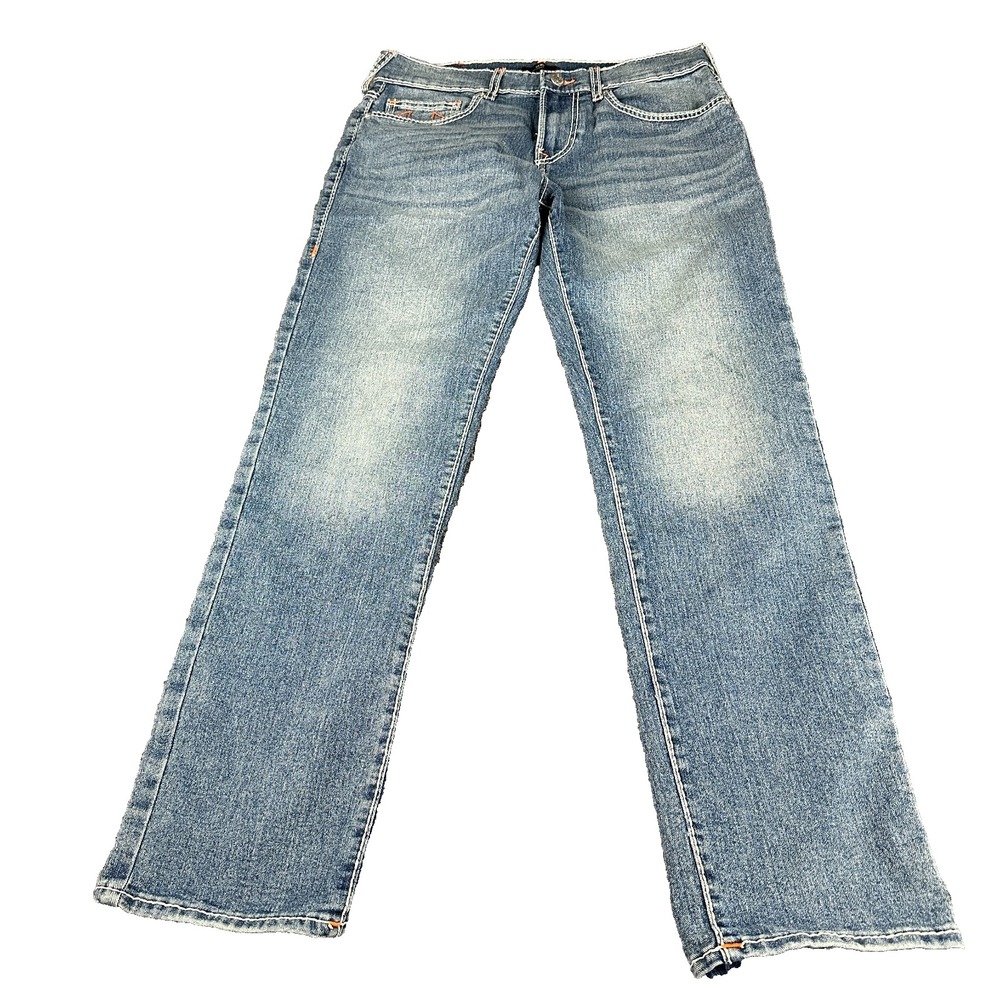 True Religion Geno Big T Mens Jeans Size 31 Medium Wash Orange Stitch Stretch